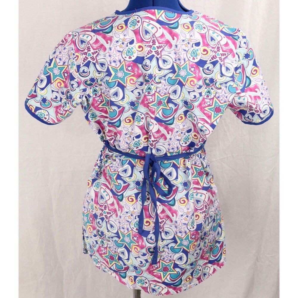 Liana Medical Scrub Top Women's XS Blue Multicolor Pattern VTG V-Neck Tie Back - Picture 3 of 11